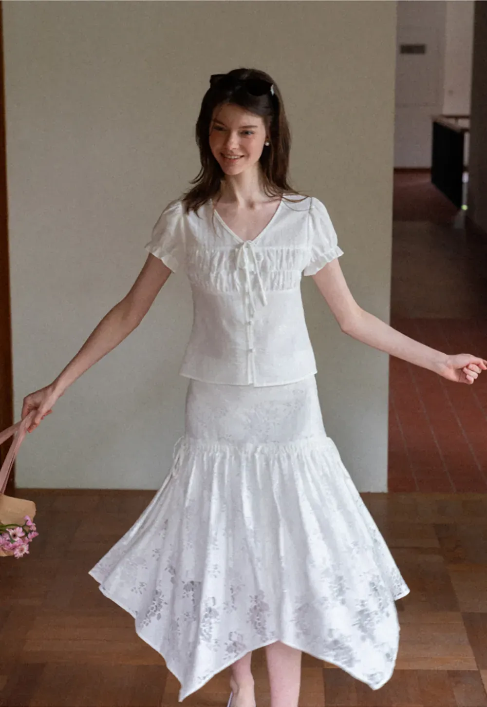 Lace Embroidered Asymmetrical Hem Skirt