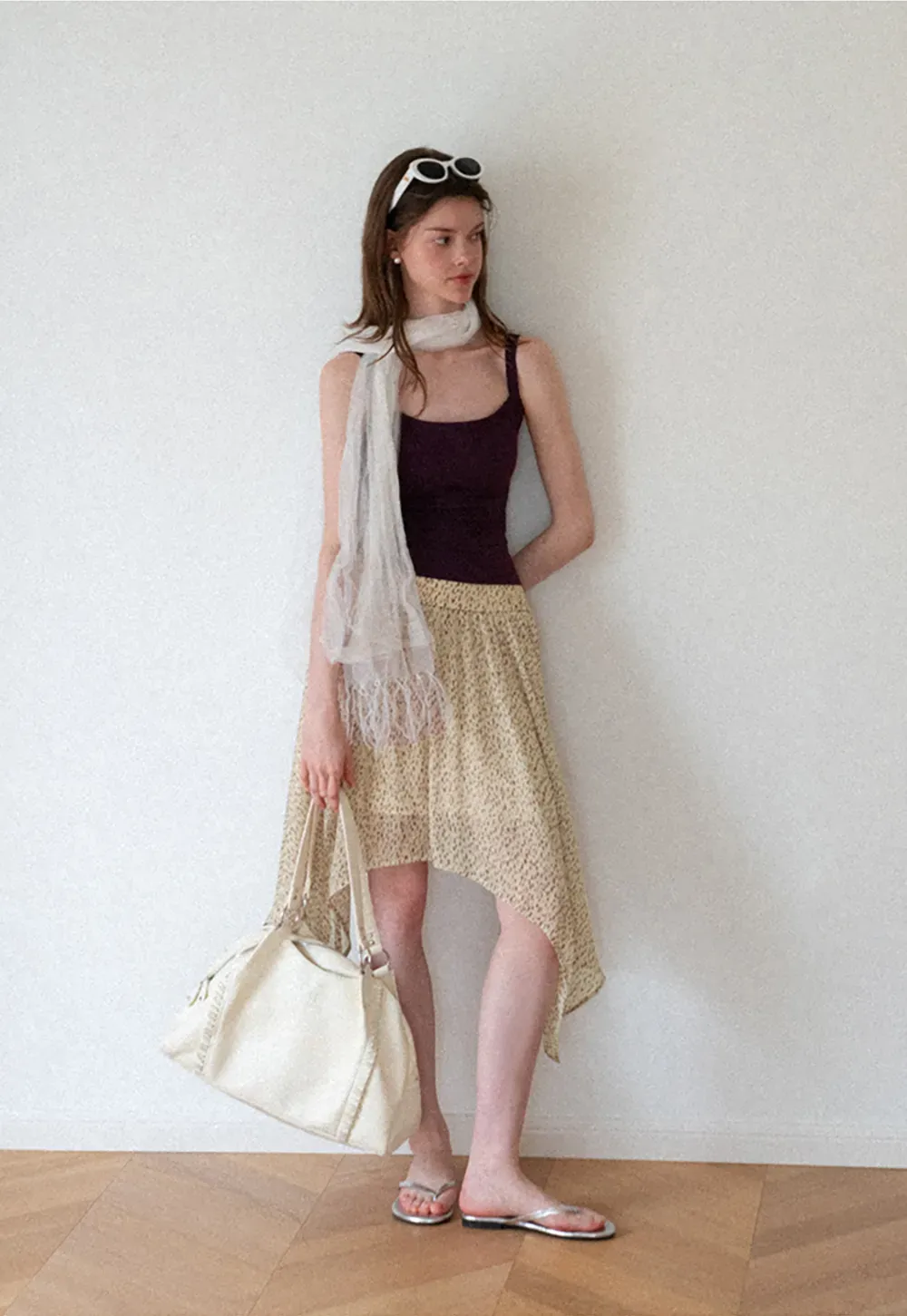 Asymmetrical Hem Printed Midi Skirt