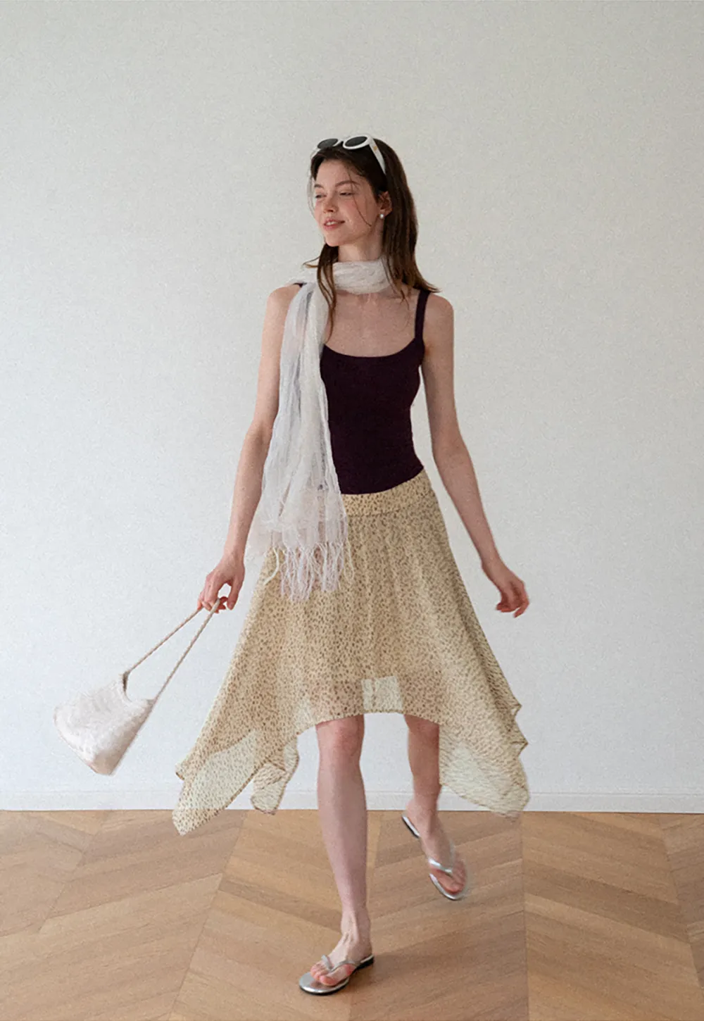 Asymmetrical Hem Printed Midi Skirt