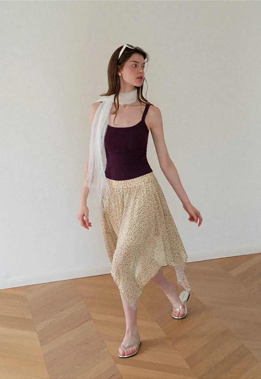 Asymmetrical Hem Printed Midi Skirt