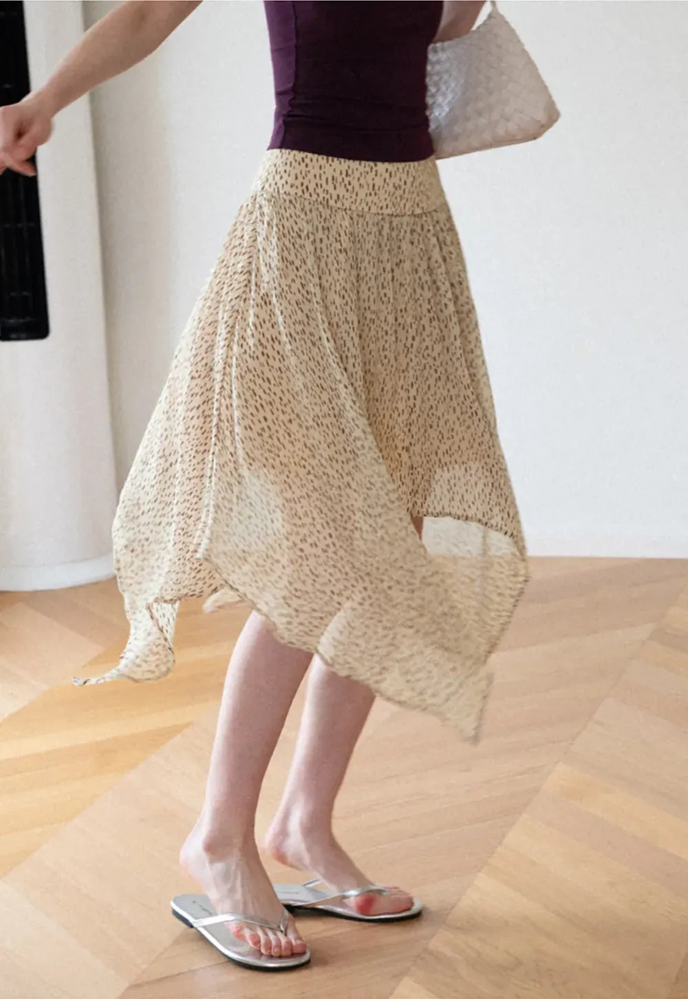 Asymmetrical Hem Printed Midi Skirt