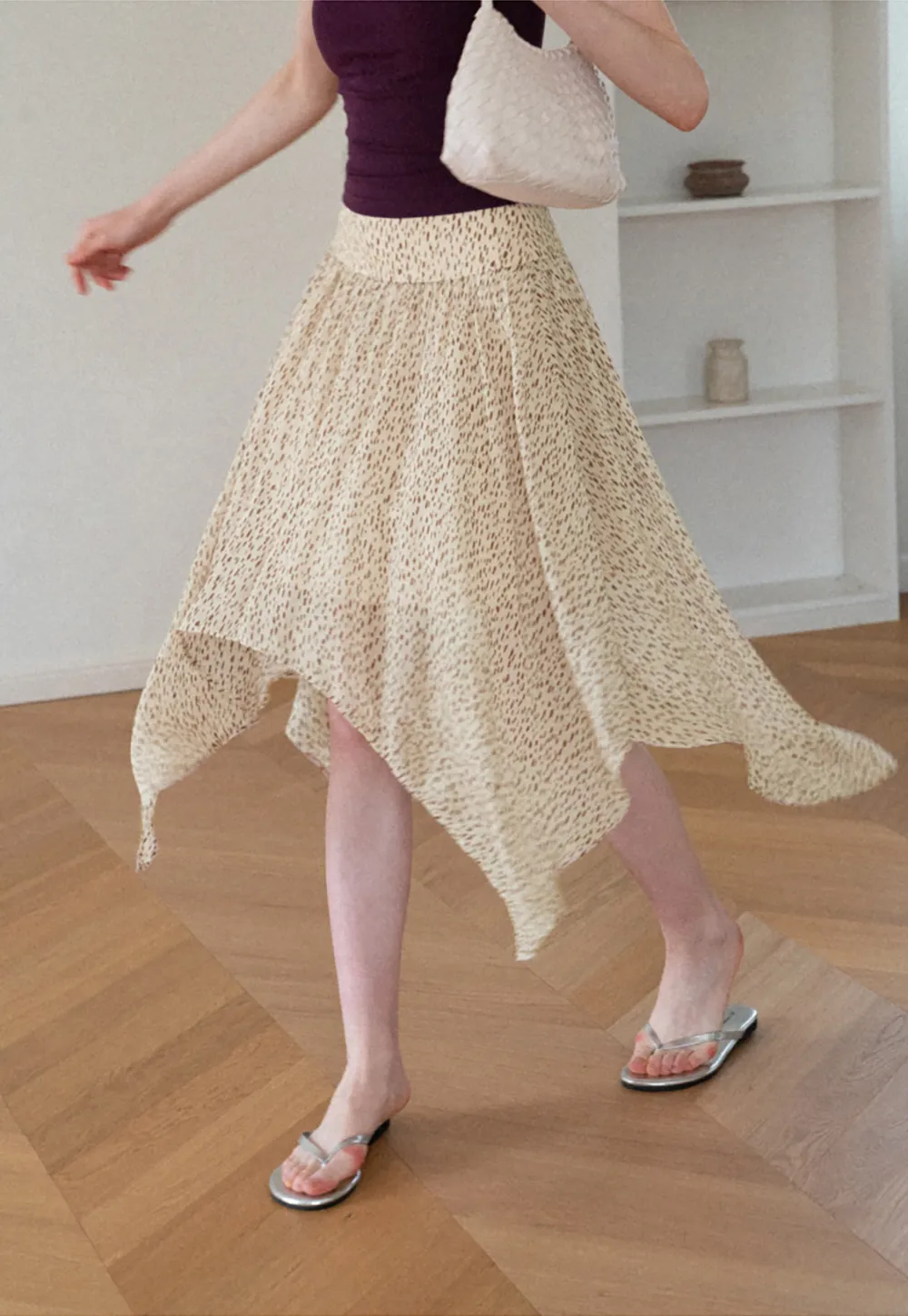 Asymmetrical Hem Printed Midi Skirt