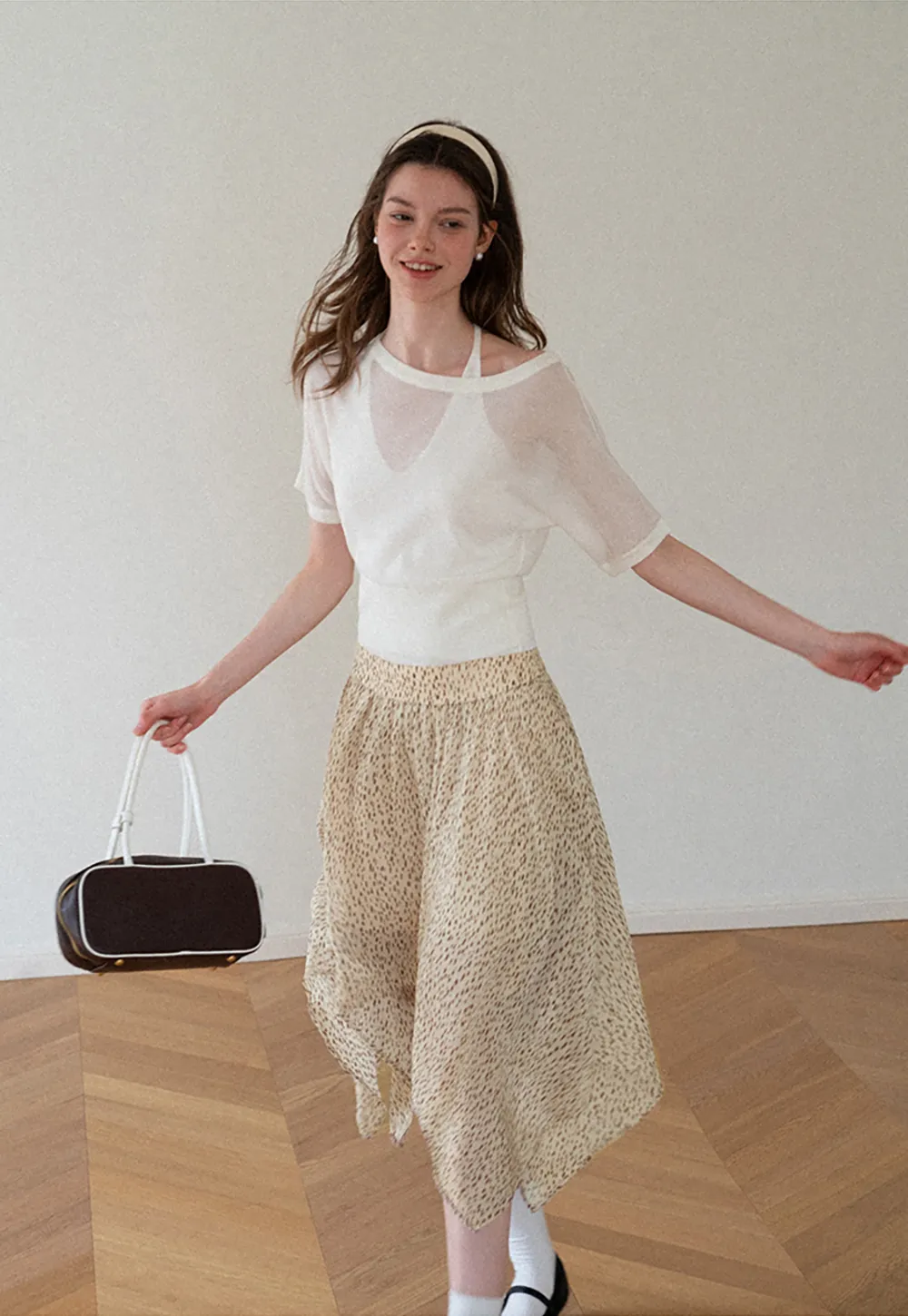 Asymmetrical Hem Printed Midi Skirt
