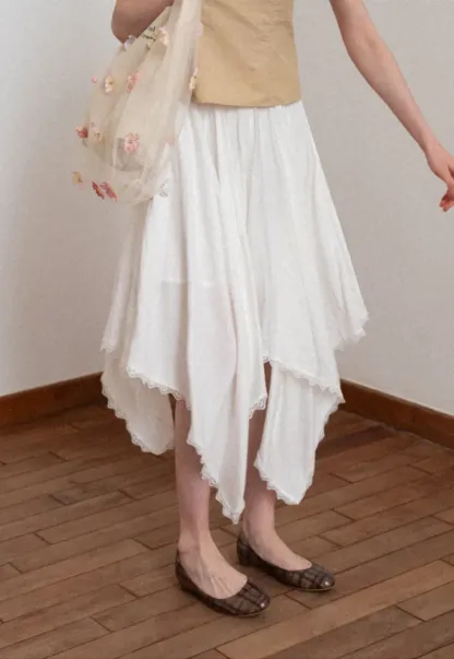Asymmetrical Hem Lace Trim Skirt