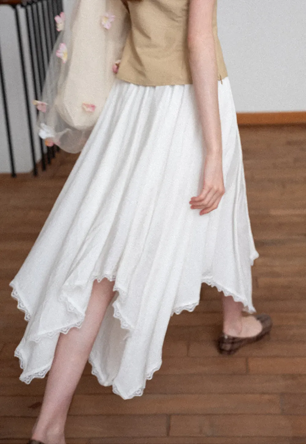 Asymmetrical Hem Lace Trim Skirt