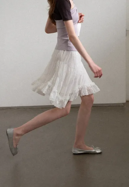 Layered Lace Trim Flared Skirt