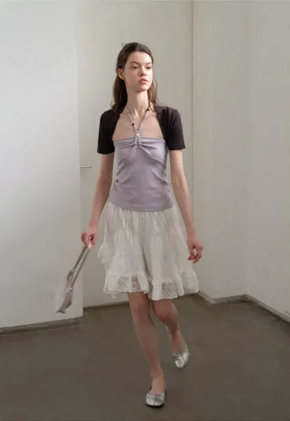 Layered Lace Trim Flared Skirt