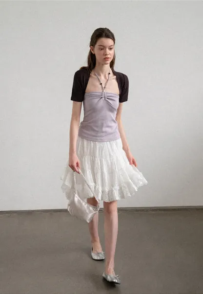 Layered Lace Trim Flared Skirt