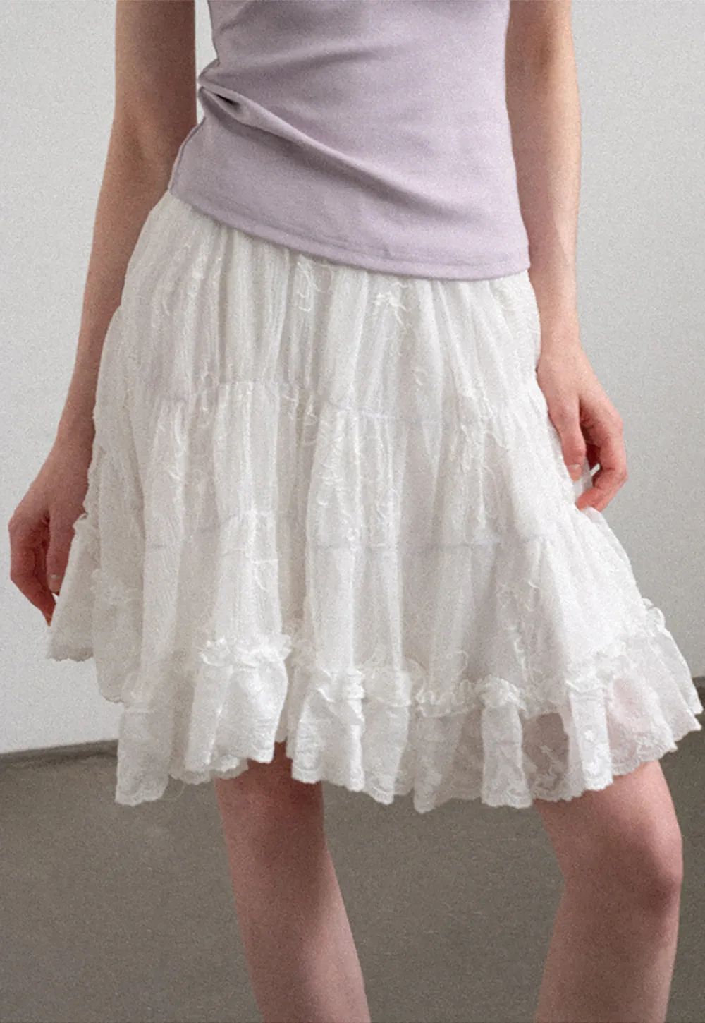Layered Lace Trim Flared Skirt