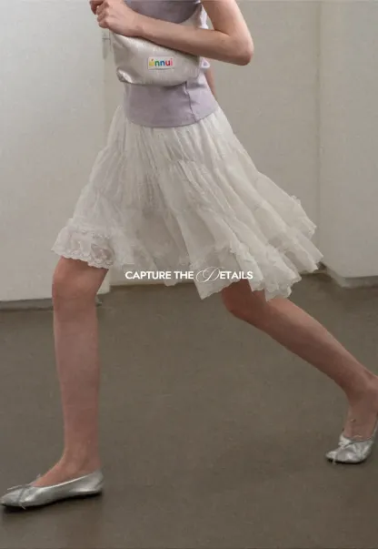 Layered Lace Trim Flared Skirt