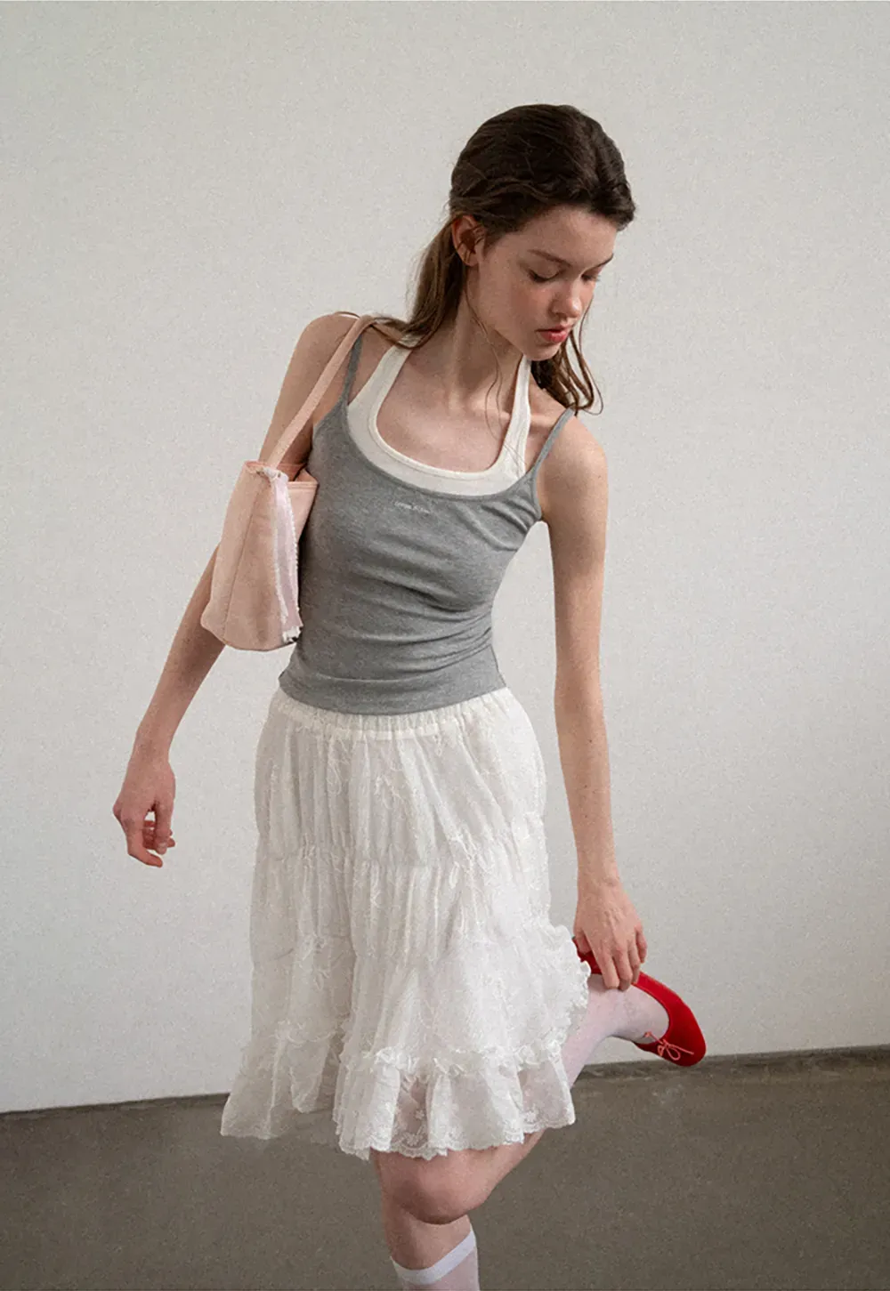 Layered Lace Trim Flared Skirt