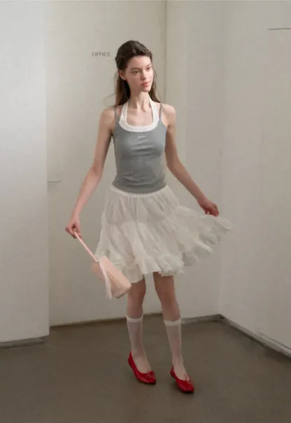 Layered Lace Trim Flared Skirt