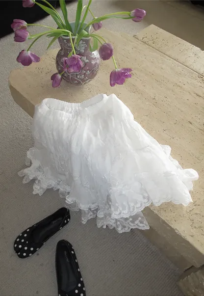 Layered Lace Trim Flared Skirt