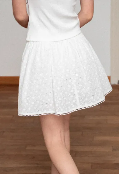 Eyelet Lace Trim Flared Skirt