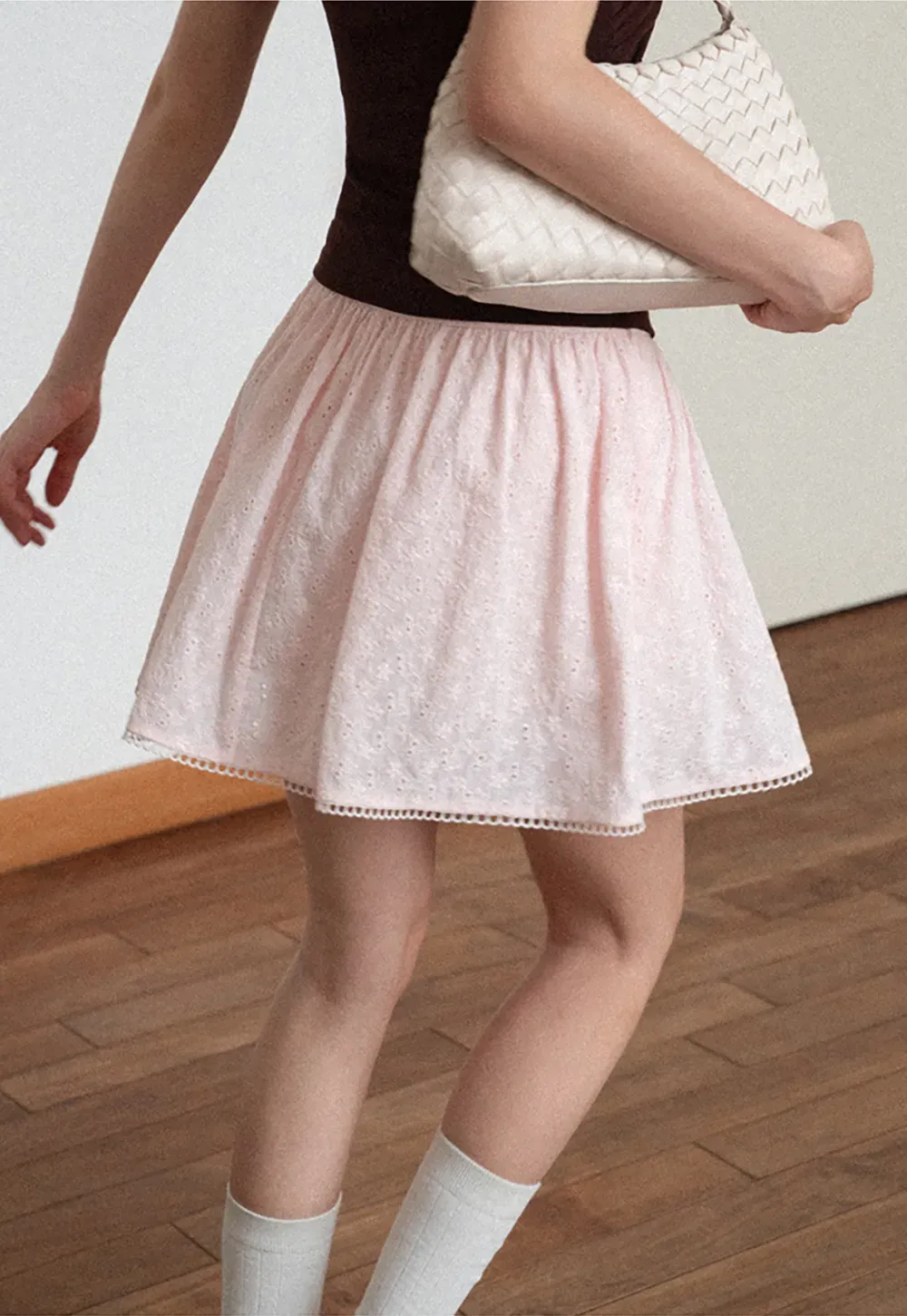 Eyelet Lace Trim Flared Skirt