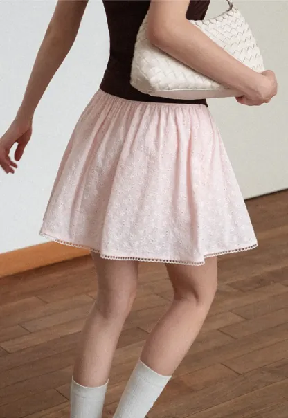 Eyelet Lace Trim Flared Skirt