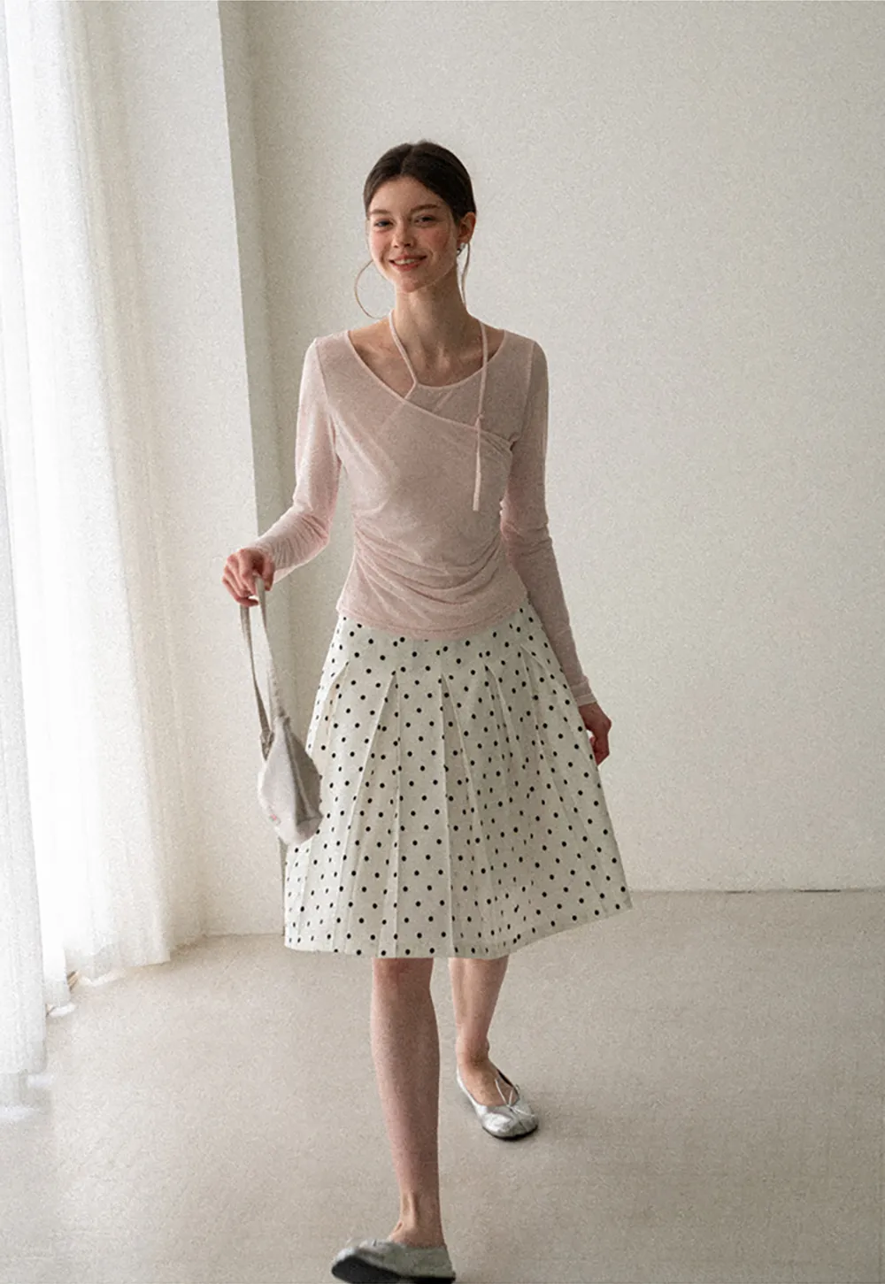 Pleated Polka Dot A Line Skirt