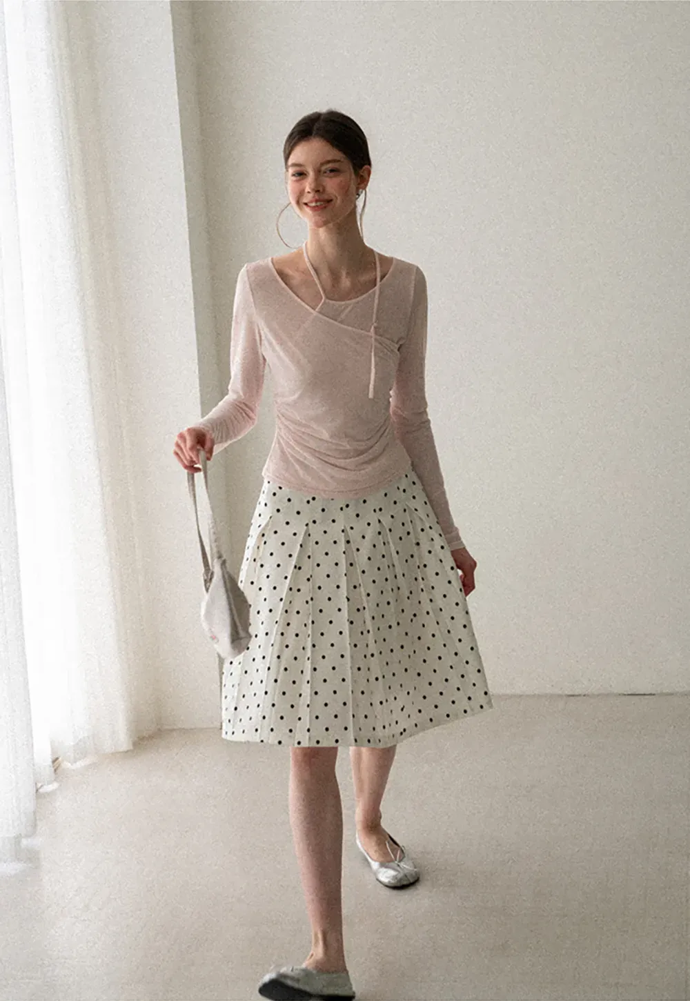 Pleated Polka Dot A Line Skirt