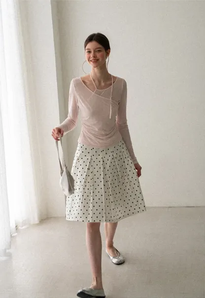 Pleated Polka Dot A Line Skirt