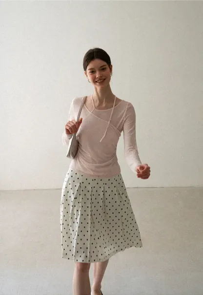 Pleated Polka Dot A Line Skirt