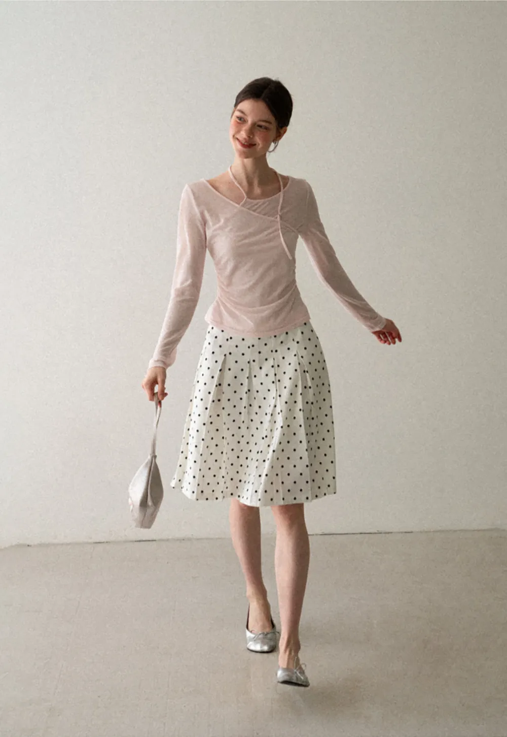 Pleated Polka Dot A Line Skirt
