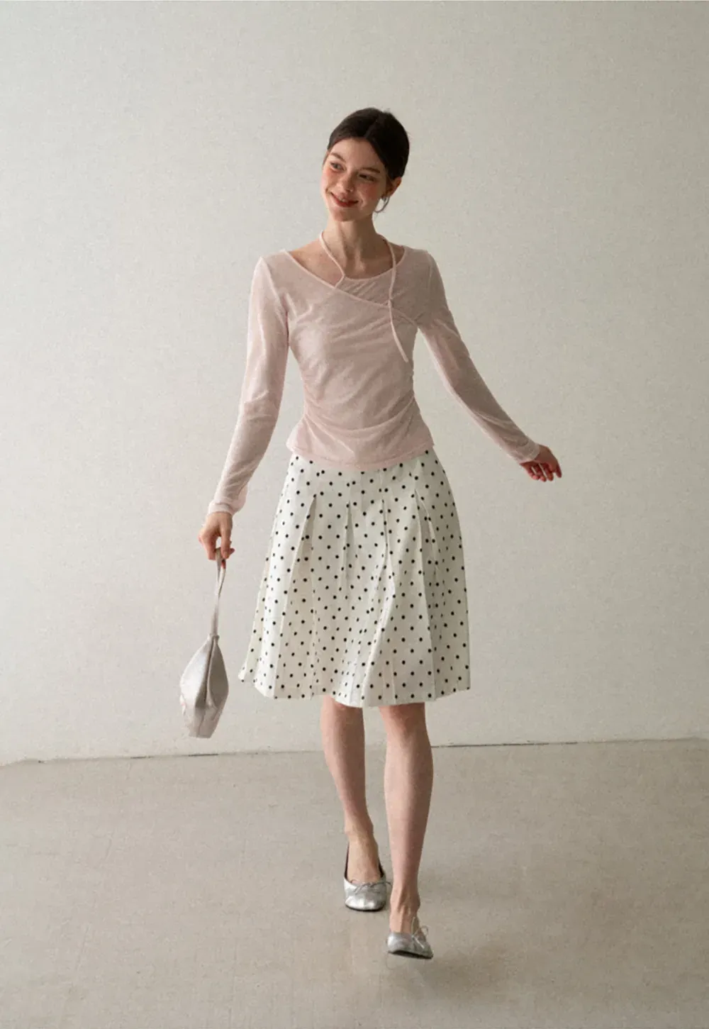 Pleated Polka Dot A Line Skirt