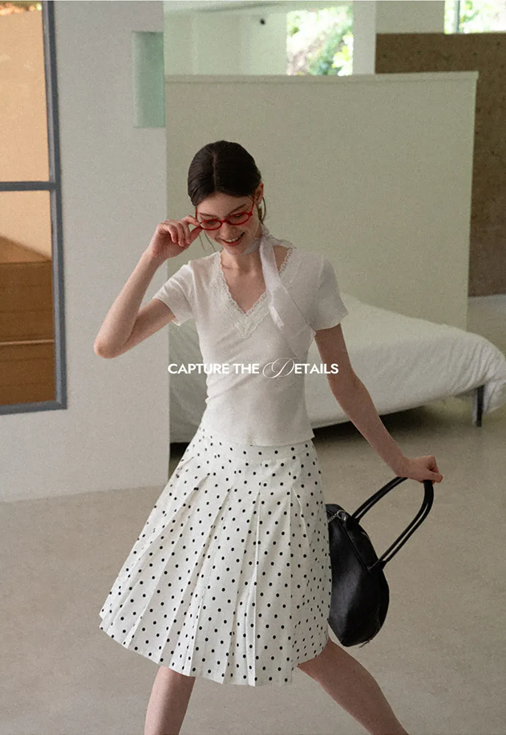 Pleated Polka Dot A Line Skirt