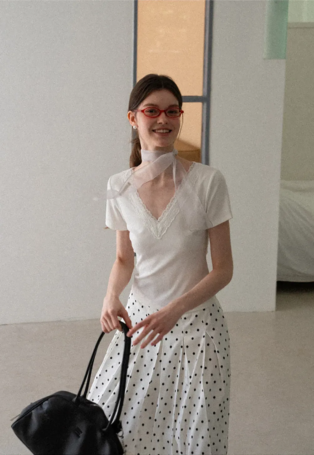 Pleated Polka Dot A Line Skirt