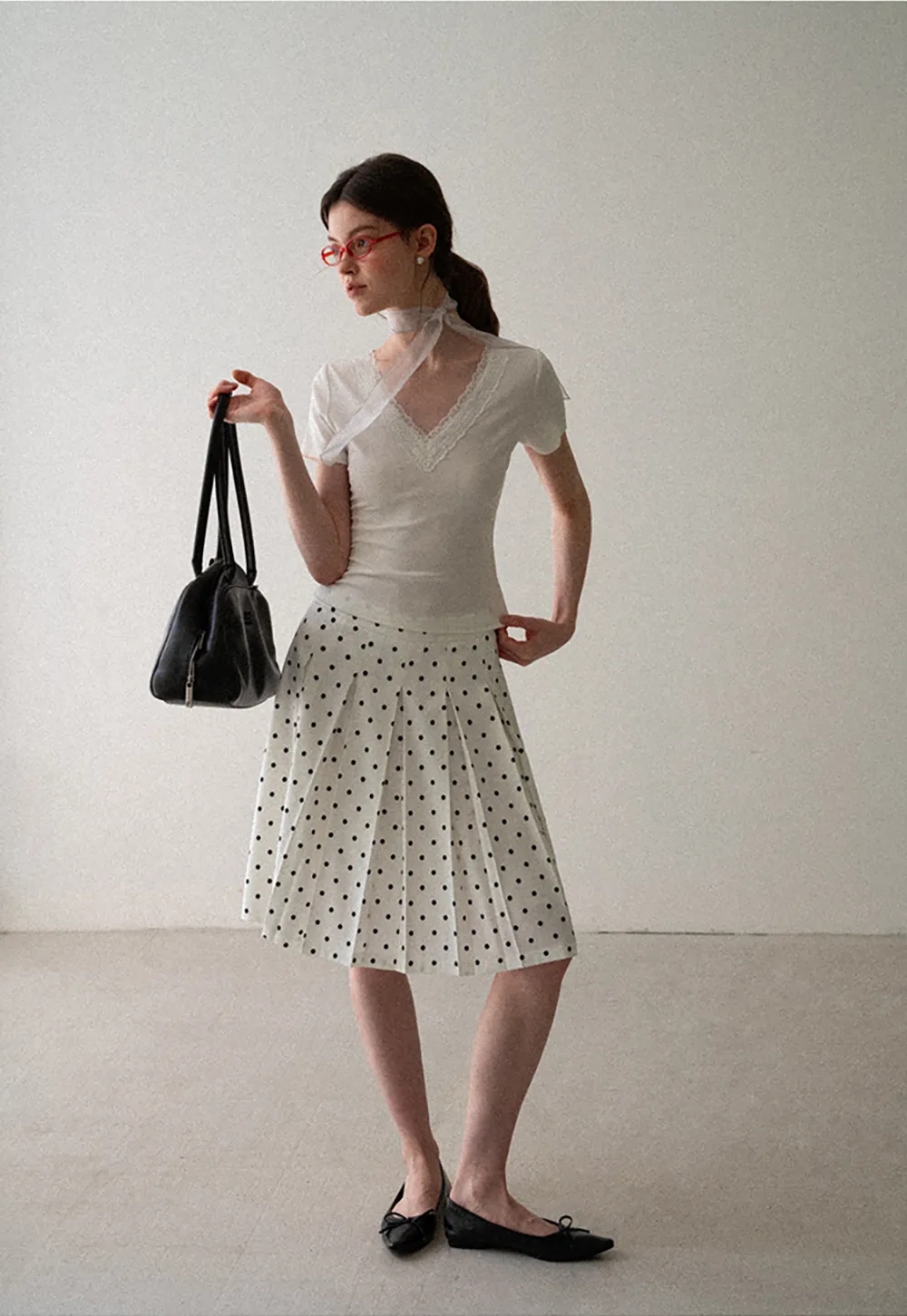Pleated Polka Dot A Line Skirt