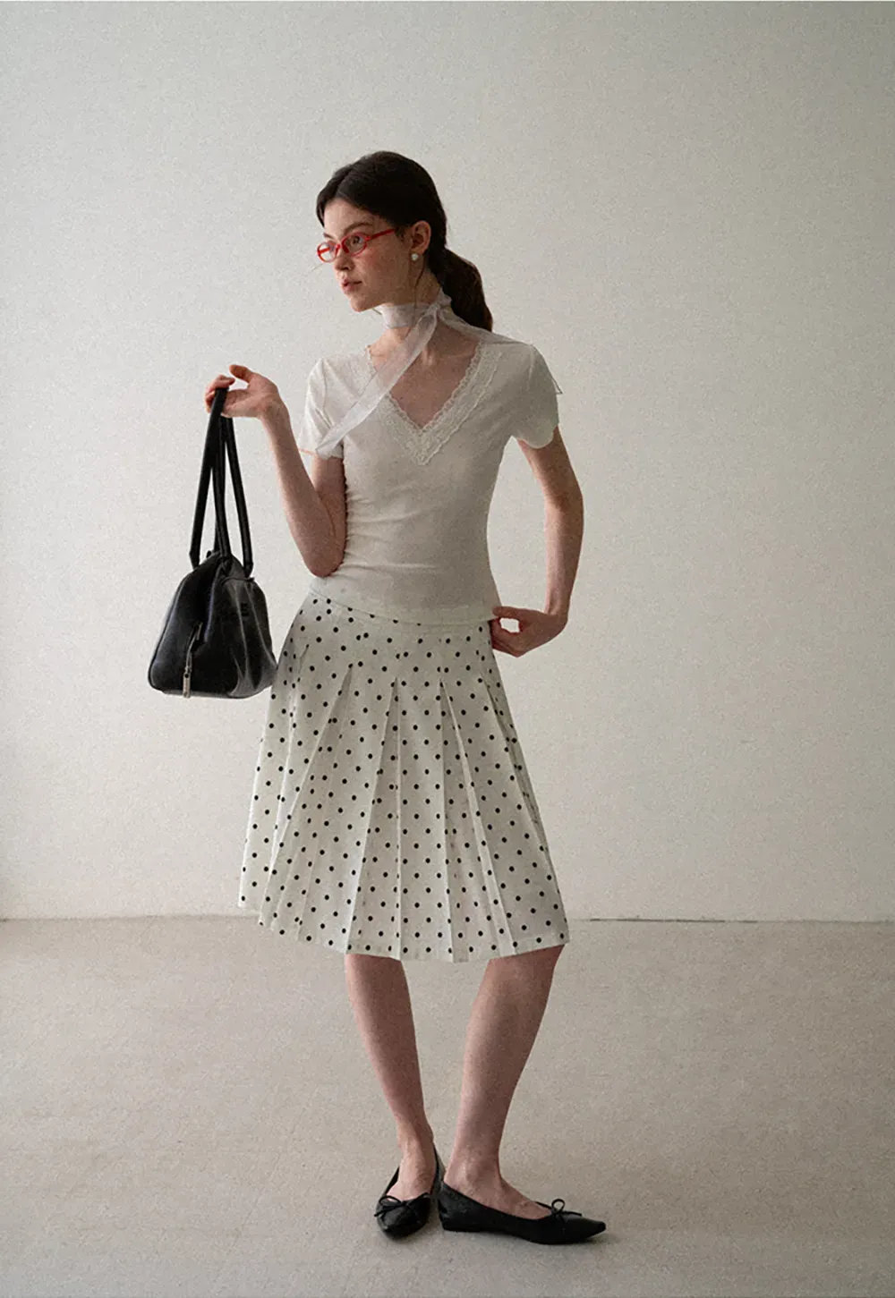 Pleated Polka Dot A Line Skirt