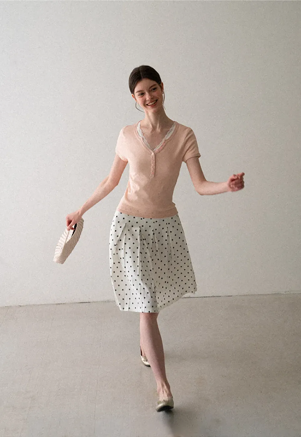 Pleated Polka Dot A Line Skirt