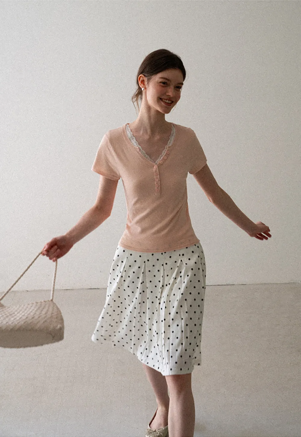 Pleated Polka Dot A Line Skirt