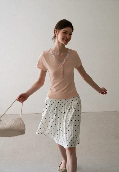 Pleated Polka Dot A Line Skirt