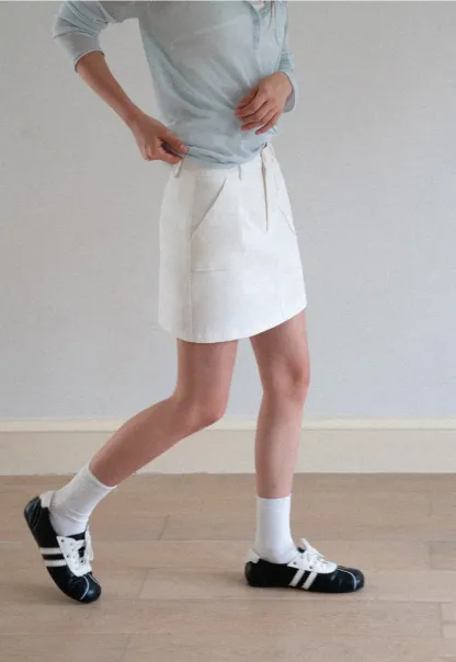 High Waist A Line Skirt with Front Patch Pockets