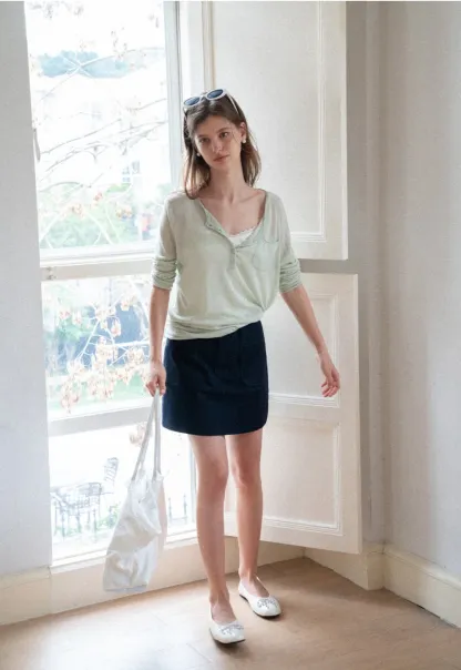 High Waist A Line Skirt with Front Patch Pockets