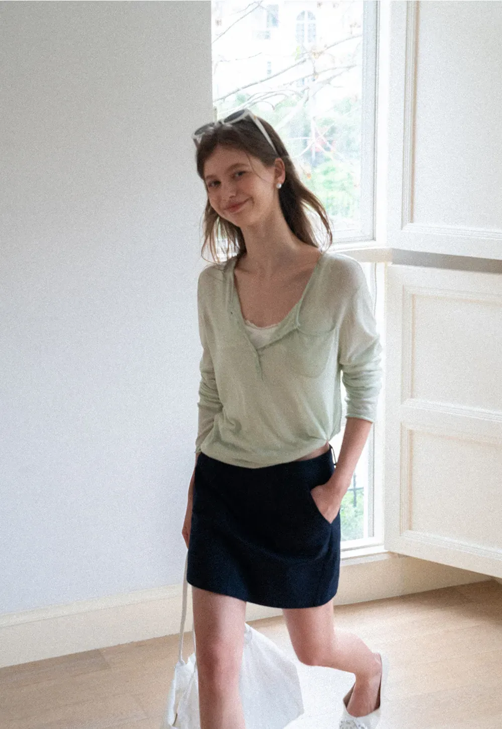 High Waist A Line Skirt with Front Patch Pockets