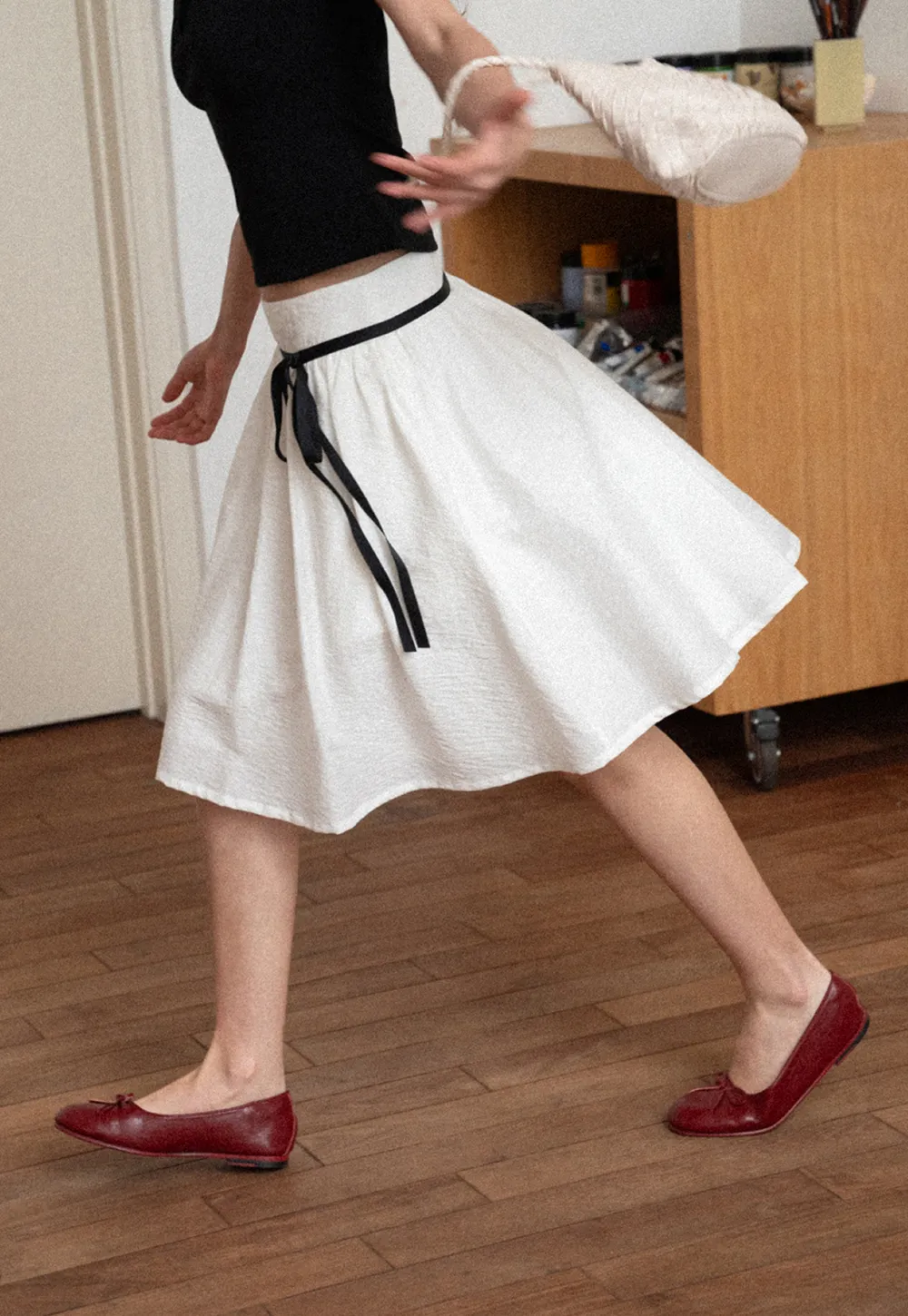 High Waist A Line Skirt with Contrast Ribbon Tie