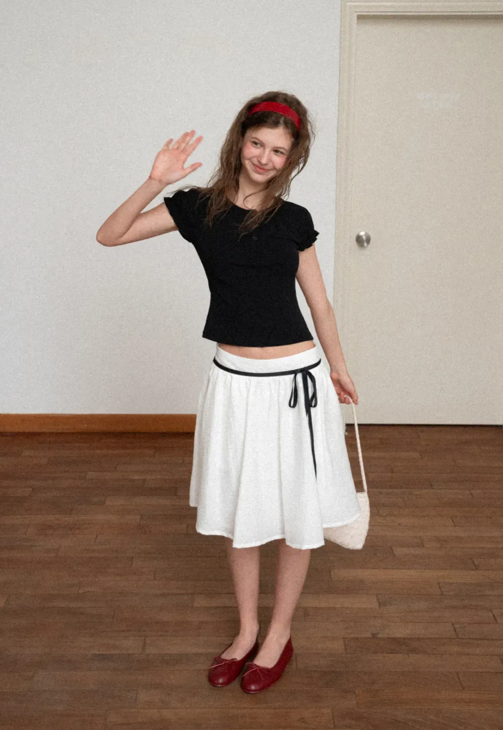 High Waist A Line Skirt with Contrast Ribbon Tie