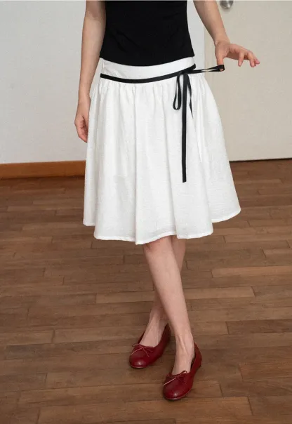 High Waist A Line Skirt with Contrast Ribbon Tie