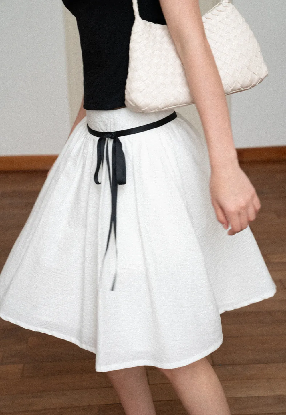 High Waist A Line Skirt with Contrast Ribbon Tie