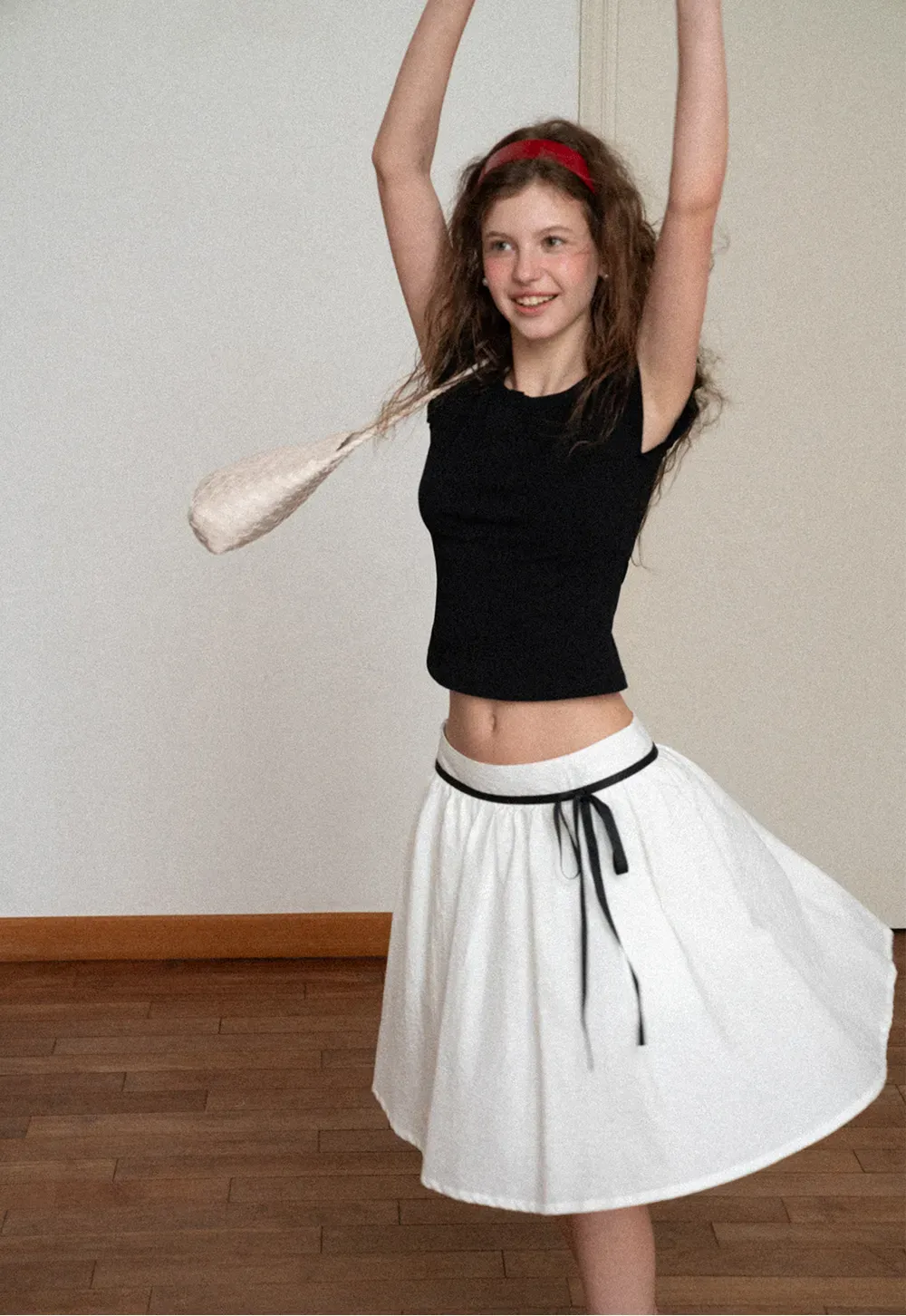 High Waist A Line Skirt with Contrast Ribbon Tie
