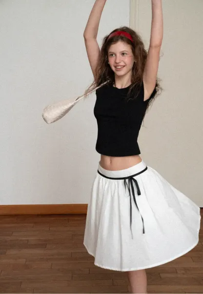 High Waist A Line Skirt with Contrast Ribbon Tie