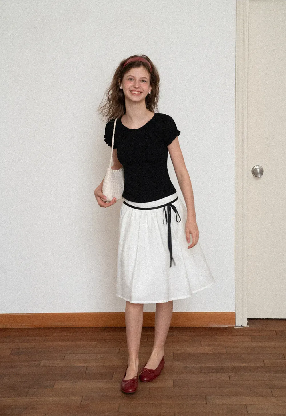 High Waist A Line Skirt with Contrast Ribbon Tie