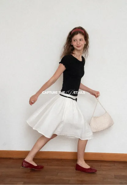 High Waist A Line Skirt with Contrast Ribbon Tie