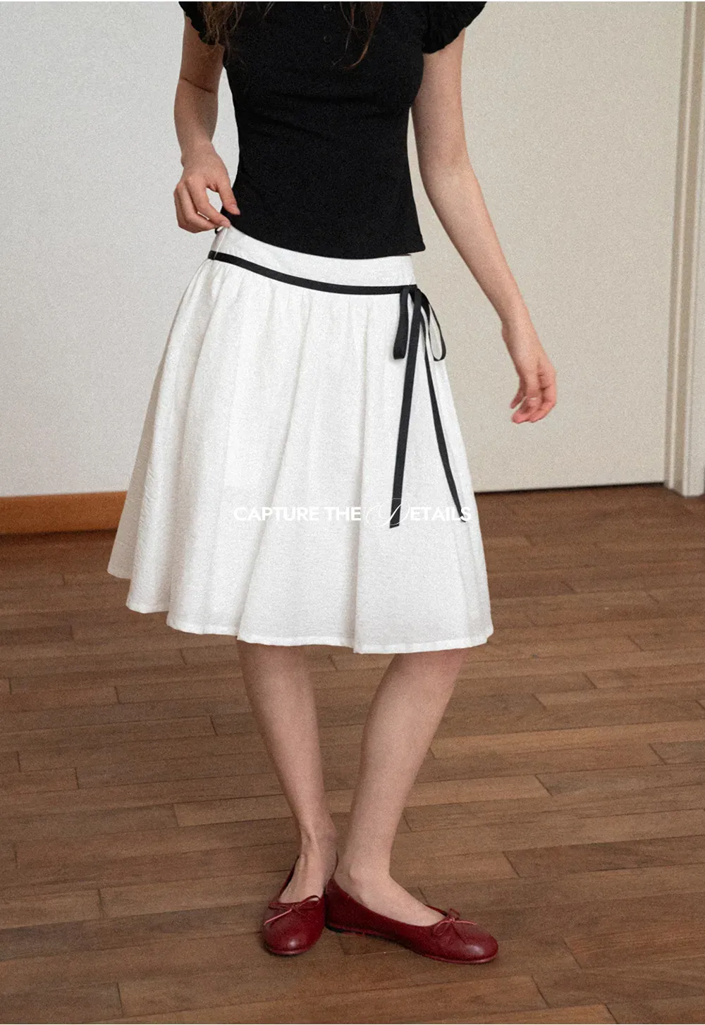 High Waist A Line Skirt with Contrast Ribbon Tie