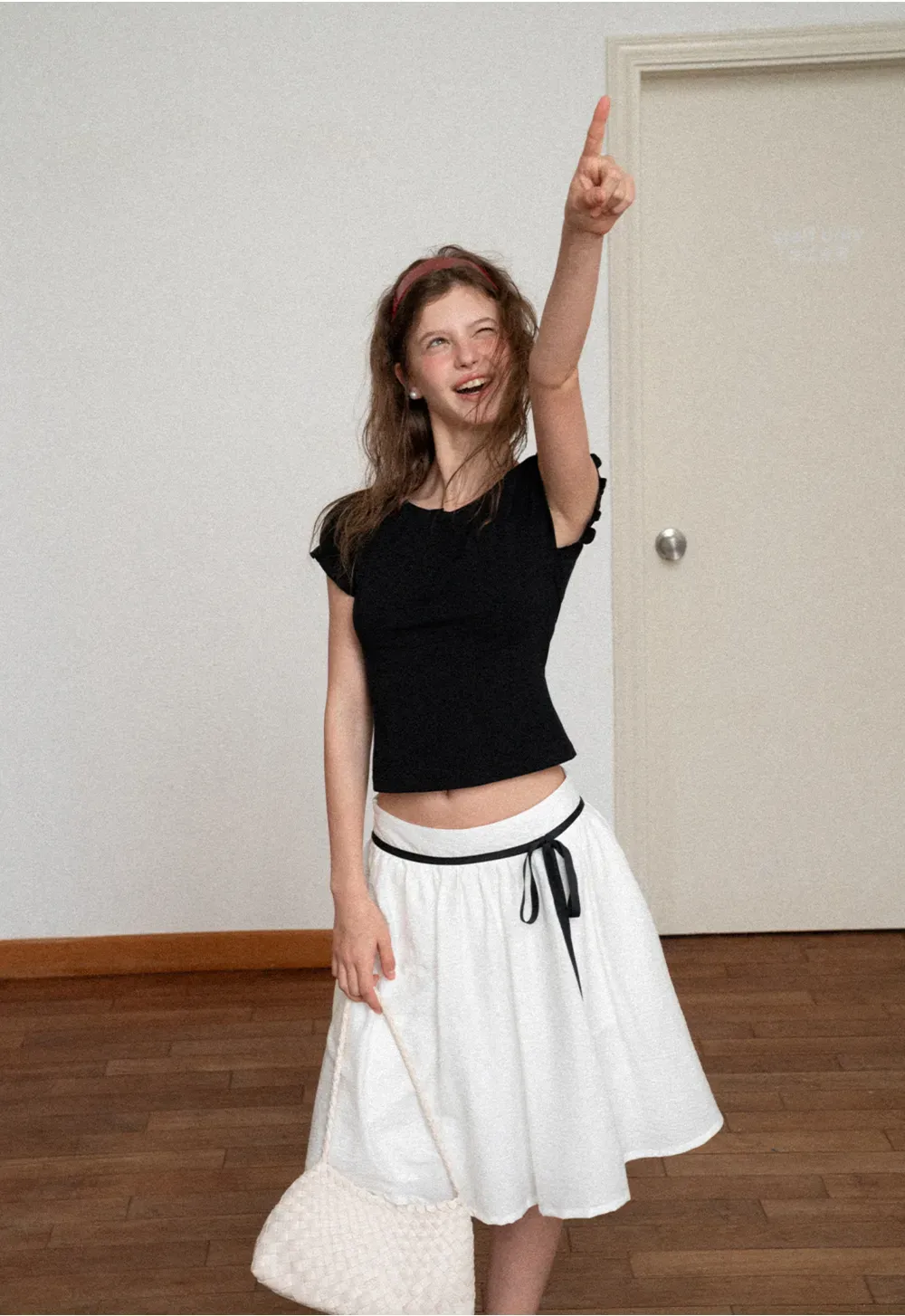 High Waist A Line Skirt with Contrast Ribbon Tie