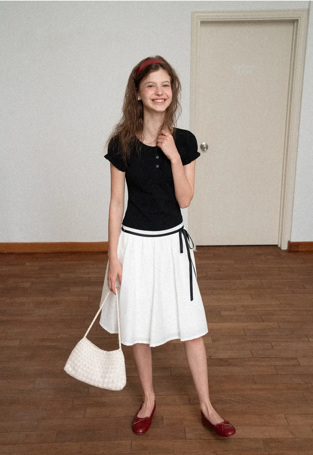 High Waist A Line Skirt with Contrast Ribbon Tie