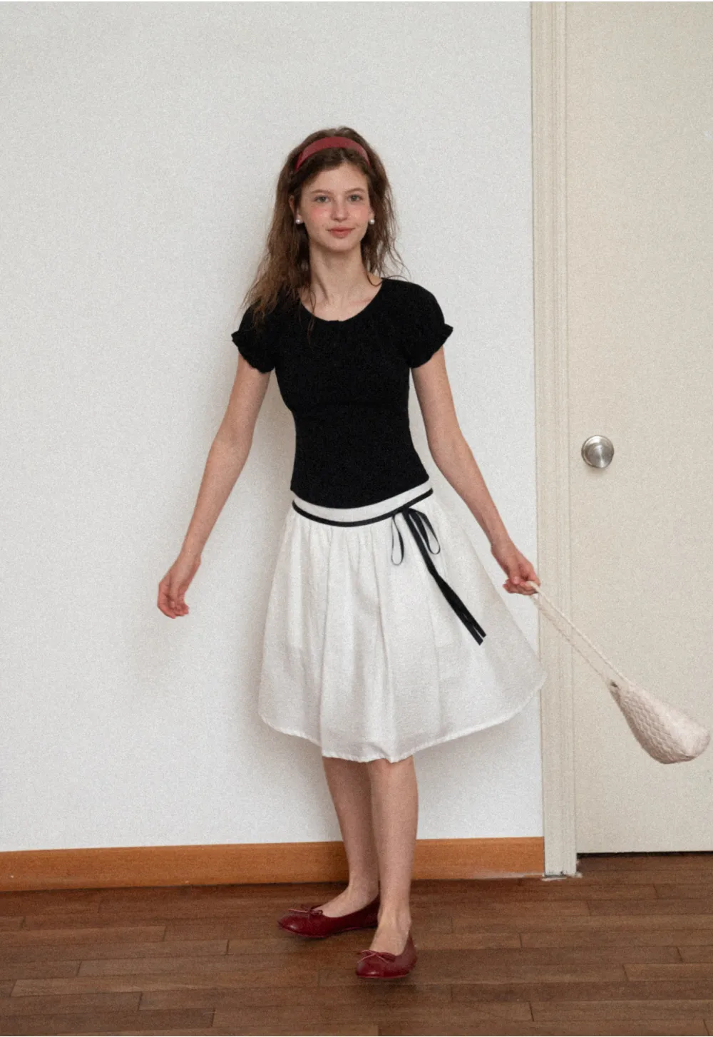 High Waist A Line Skirt with Contrast Ribbon Tie