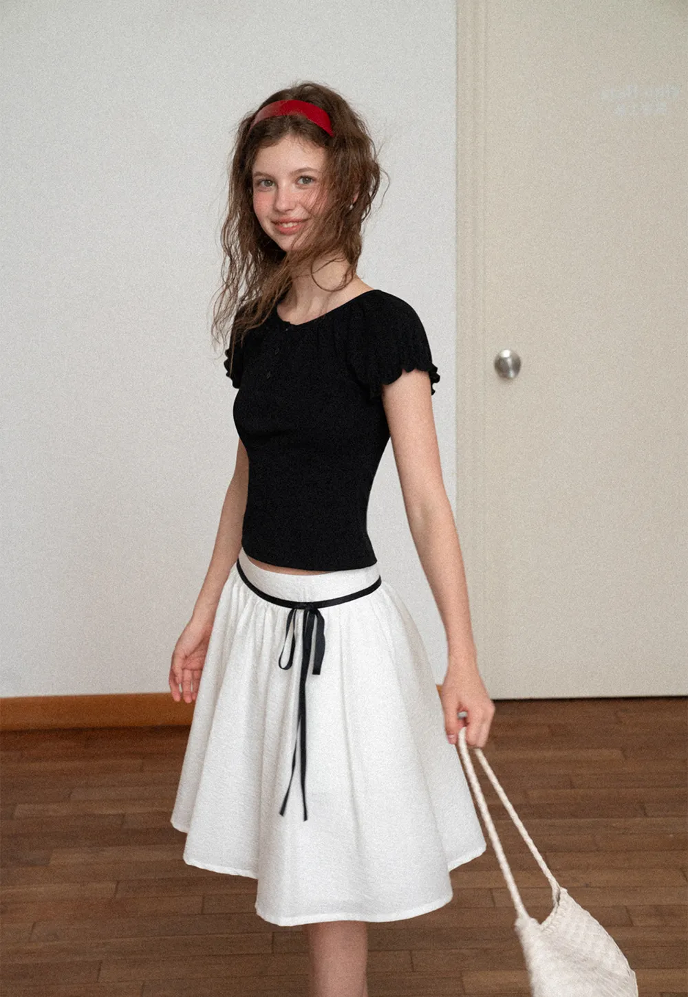 High Waist A Line Skirt with Contrast Ribbon Tie