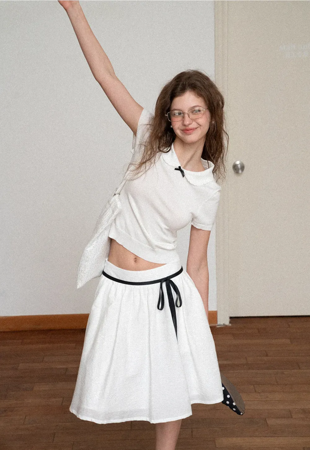 High Waist A Line Skirt with Contrast Ribbon Tie